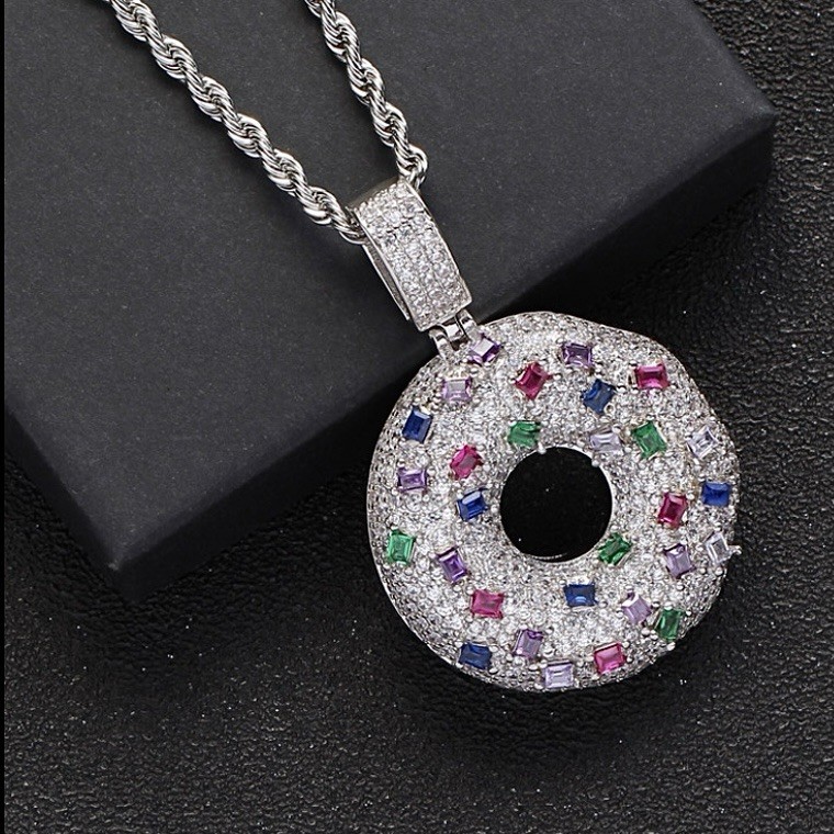 Iced-Out Silver Sprinkled Donut Pendant Necklace