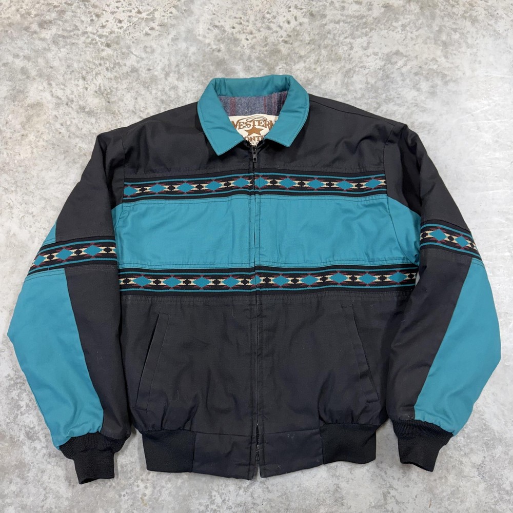 Vintage Western Frontier Jacket Mens Large Black Teal Aztec southwestern 80s USA