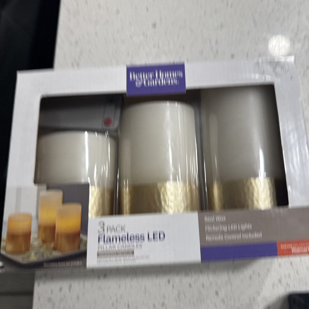 Better Home & Gardens 3 Pack Flameless LED Pillar Candles Hammered Metallic See