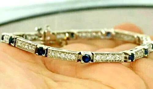 14K White Gold Plated 5Ct Round Cut Lab Created Blue Sapphire Tennis Bracelet 7