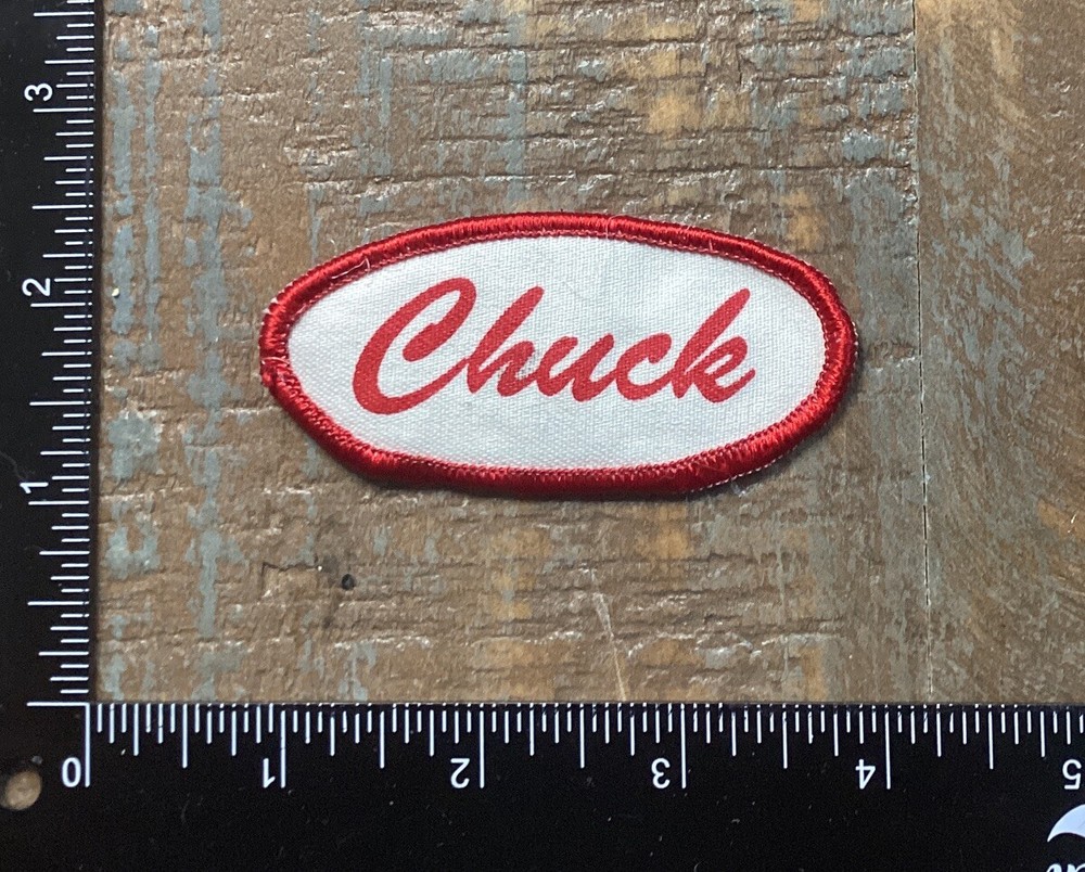 Vintage CHUCK Name Tag Work Shirt Job Uniform Printed Iron-On Patch Red