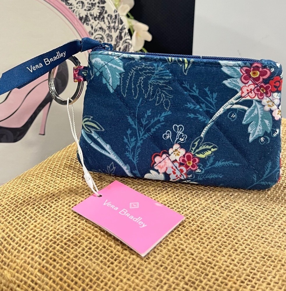 Vera Bradley RFID Floral Fabric ID Case & Key Ring Wallet Blue Soft