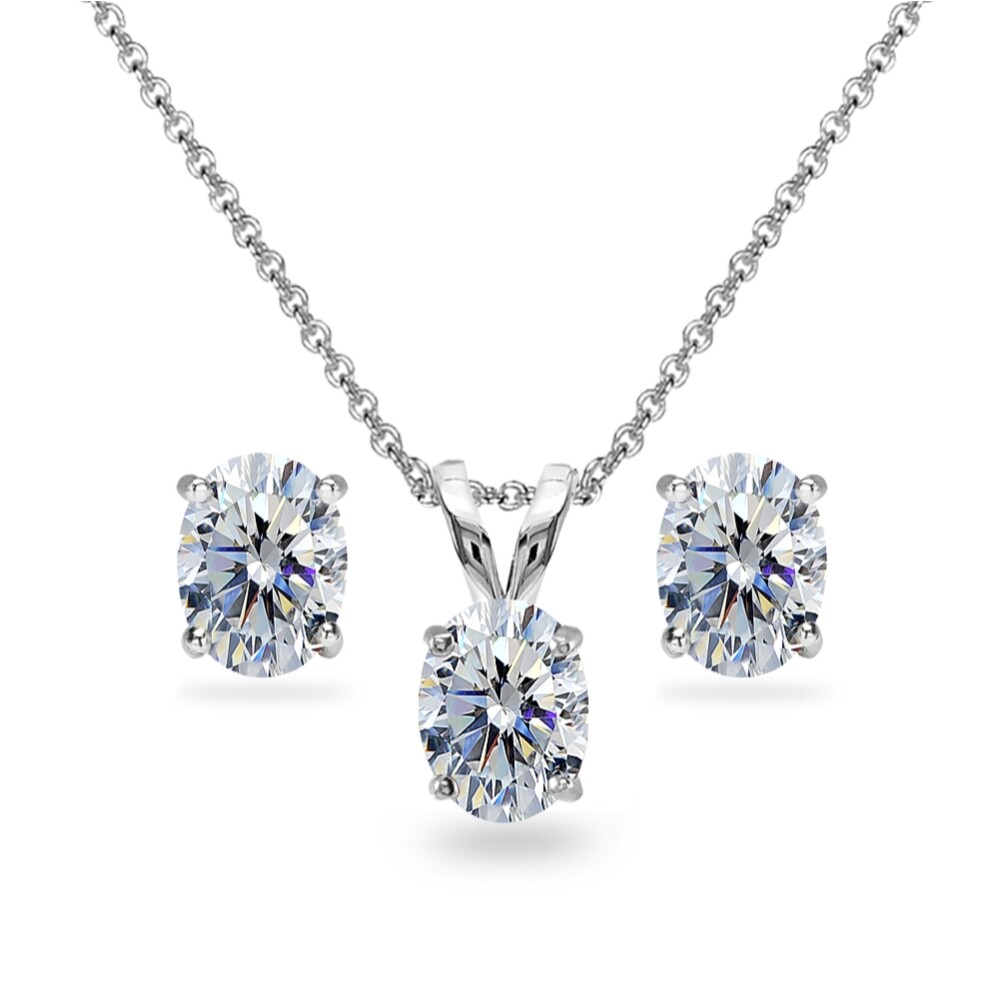 Oval 925 Silver Stud Earrings and Necklace Set with European Crystals