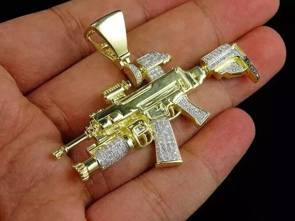14K Yellow Gold Plated 2.30 Ct Round Cut Lab Created Diamond Men's Gun Pendant