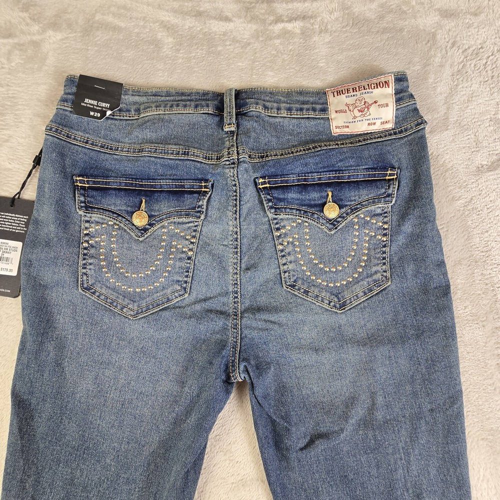 True Religion Jennie Curvy Size 30 Medium Wash Studded Flap Skinny Jeans