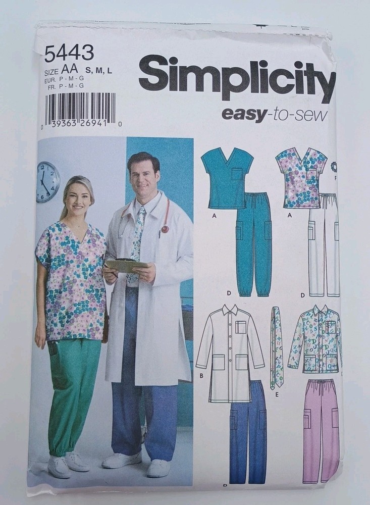 Simplicity Sewing Pattern 5443 Medical Scrub Top Jacket Pants Tie Size S-L UNCUT