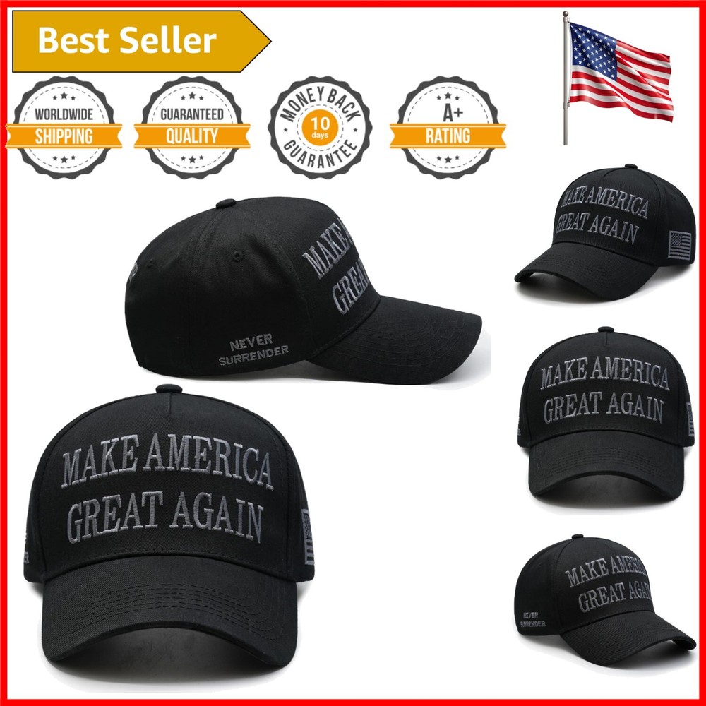 Black Cotton MAGA Hat with 'Never Surrender' and Embroidered Flag - Unisex