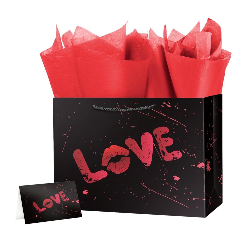Large Black Valentine Gift Bag with Wrapping Paper for Women Men Anniversary ...