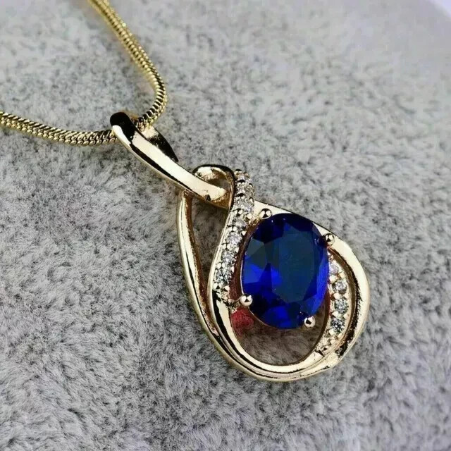 2Ct Oval Blue Sapphire Simulated Diamond Pendant in 14K Yellow Gold Plating