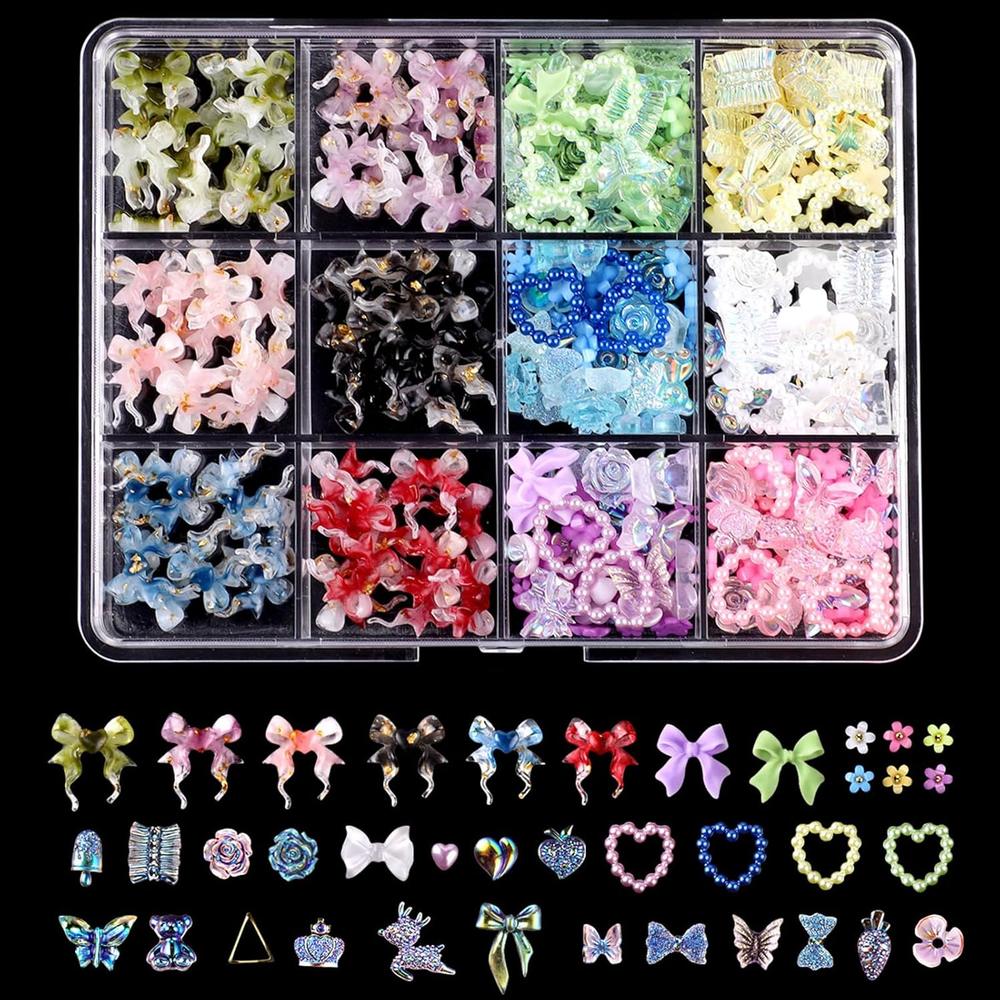 3D Flower, Bow, Butterfly & Heart Acrylic Nail Charms - Multi-Shape Mix