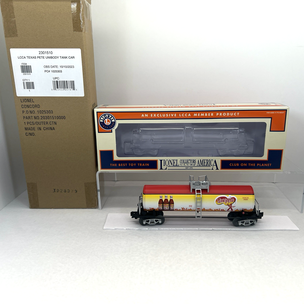 Lionel O Gauge LCCA 2023 Texas Pete Hot Sauce Unibody Tank Car NEW Club Car 2301510