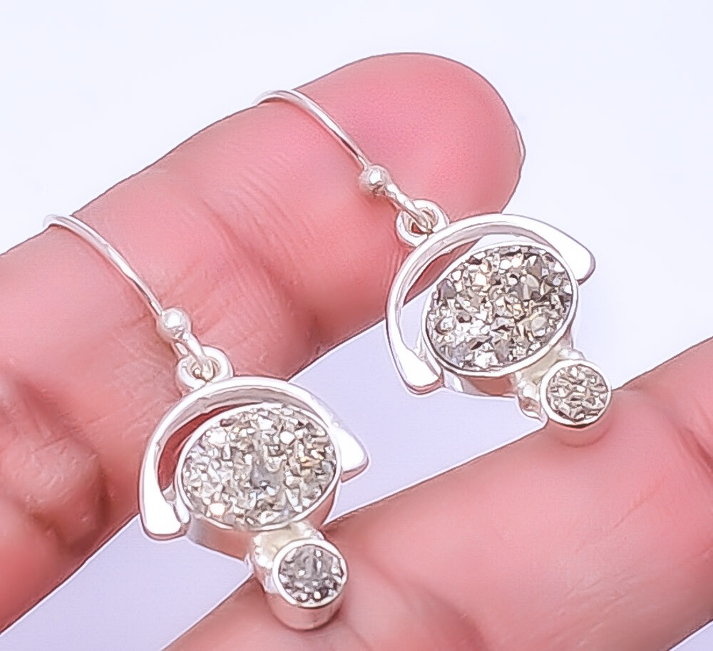 Gold Titanium Agate Drusy Designer Handmade 925 Sterling Silver Earring 1.25