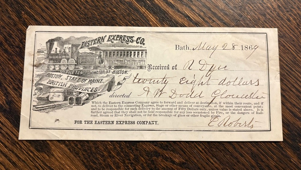 1869 Eastern Express Co. Receipt Bath Maine to Gloucester - Train Graphic