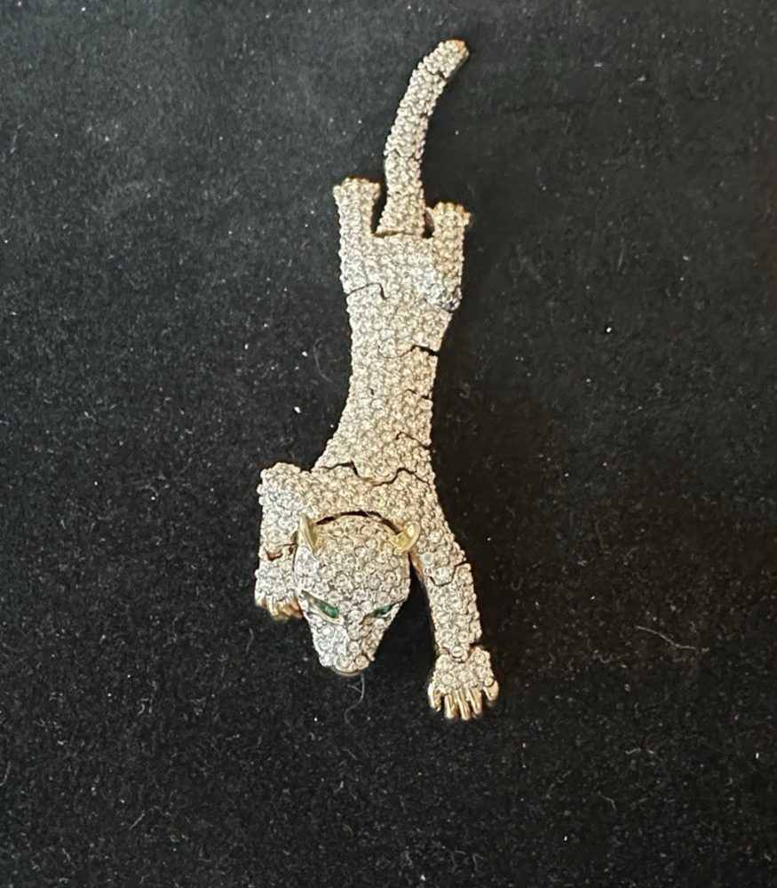 Vintage Articulated Panther Brooch – Pavé Rhinestones – Green Eyes – 5.5”