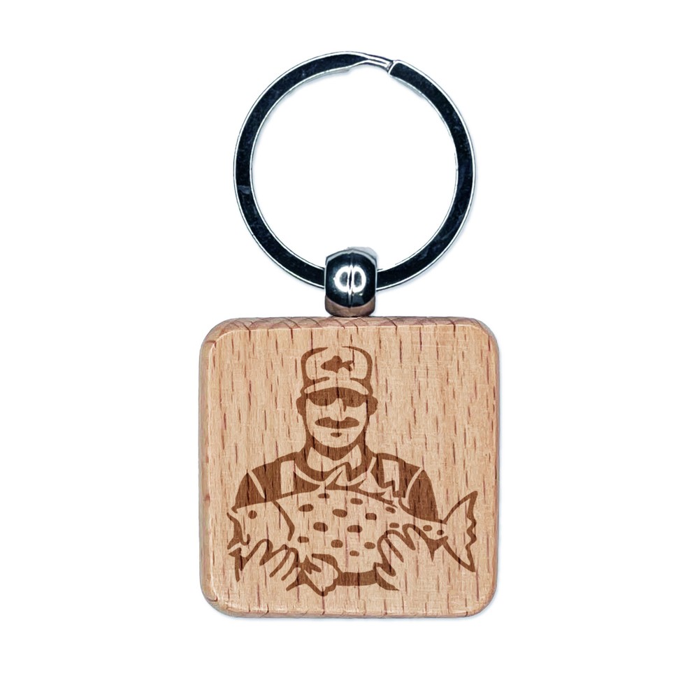 Fisherman Holding Fish Catch Engraved Wood Square Keychain Tag Charm