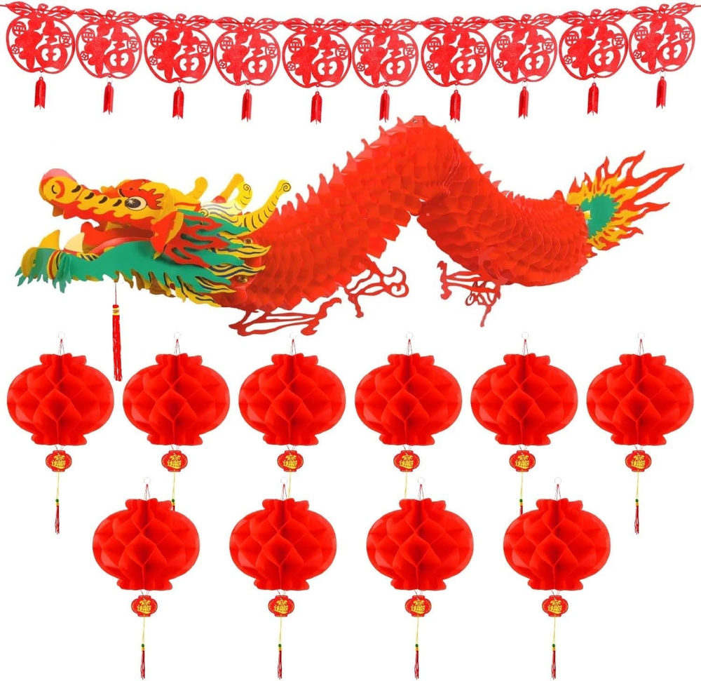 12 Pack Chinese New Year Decorations, Chinese Dragon Garland Chinese Red Paper L