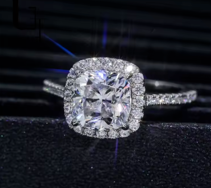 2 Ct Cushion Cut VVS1 Moissanite Engagement Halo Ring 14K White Gold Plated