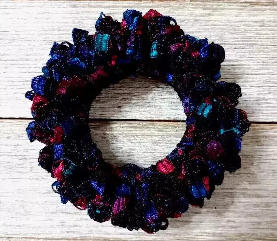 crochet handmade hair scrunchie ribbon pony tail holder pink blue helix USA made