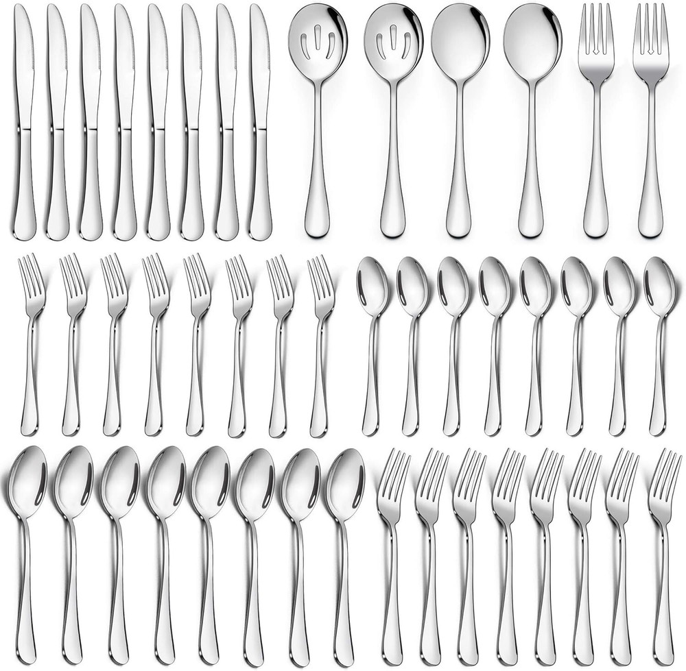 46-Piece Silverware Flatware Set for 8, Plus Serving Utensils, Stainless Steel
