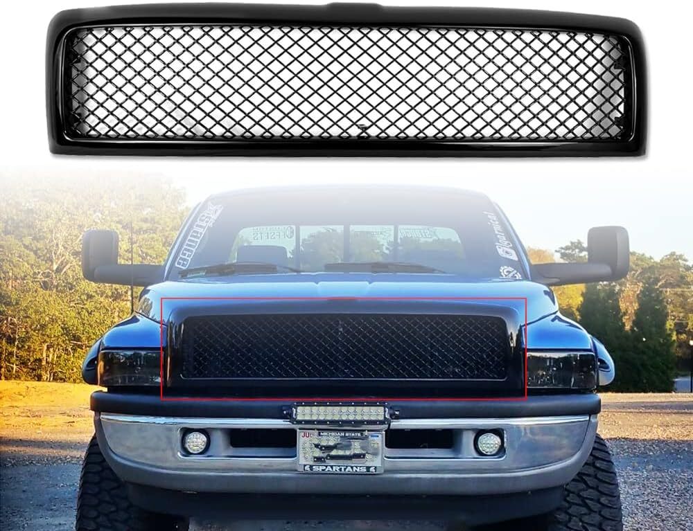 Grill for 1994-2002 Dodge Ram 1500 2500 3500 Front Mesh Hood Grille Glossy Black