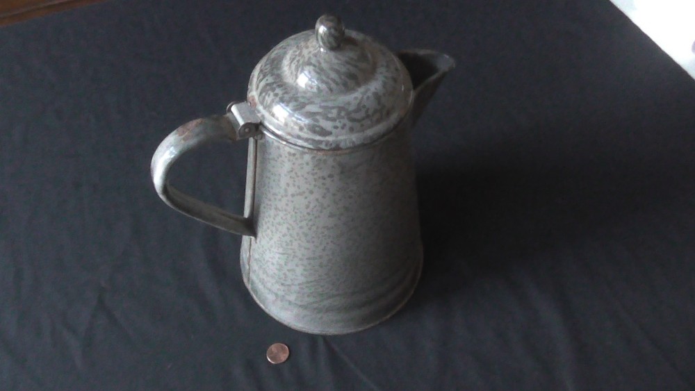 Antique 1800's gray speckled enamelware cowboy coffee pot