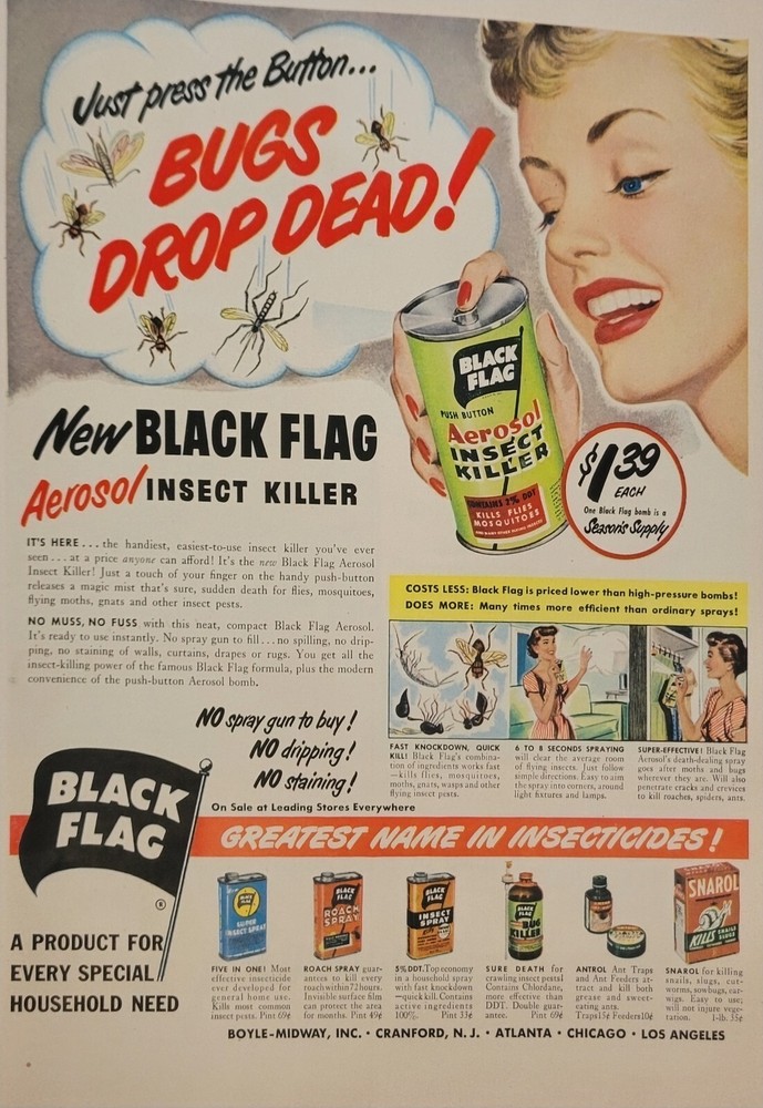 1950 Black Flag Insecticide Vintage Print Ad Kills Bugs Dead