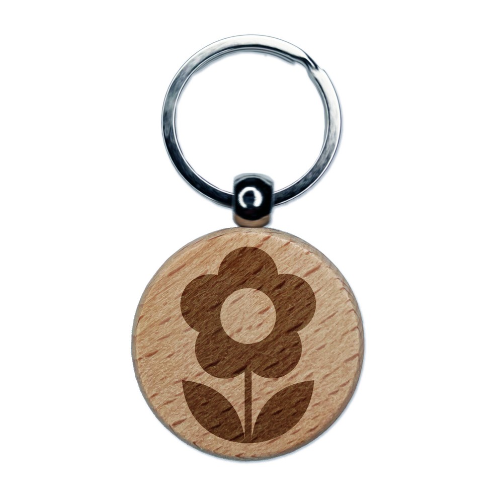 Scandinavian Daisy Simple Flower Engraved Wood Round Keychain Tag Charm