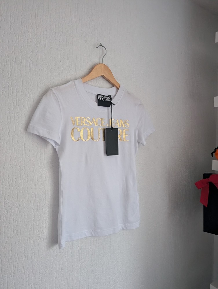 Versace gold foil logo womens t-shirt with couture details UK size S  