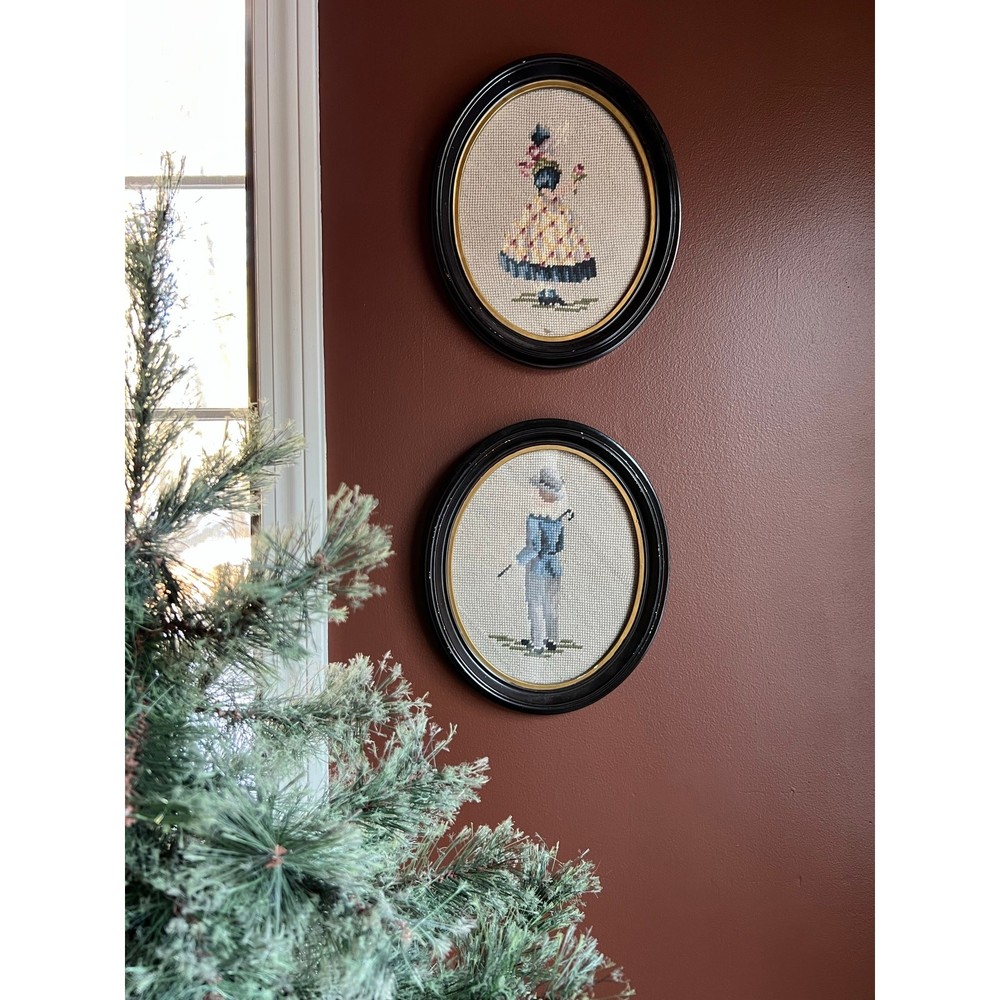 Pair of 1949 Hand Stitched Needlepoint Petit Point Oval Art Framed Vintage