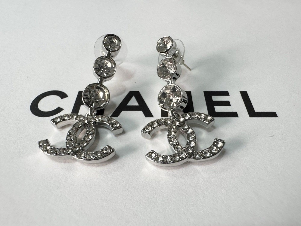 Vintage Chanel Tri Crystal Silver Tone Drop Dangle Earrings