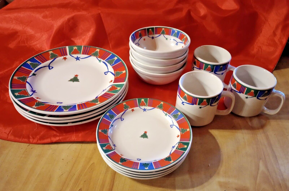 15 pc Trend Basics Christmas Tree Dinnerware Set ~ Dinner, Salad, Bowls, Mugs