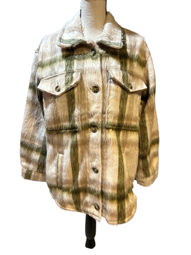 American Eagle Jacket Womens XS Green Beige Fur Shacket Button Front Oversized
