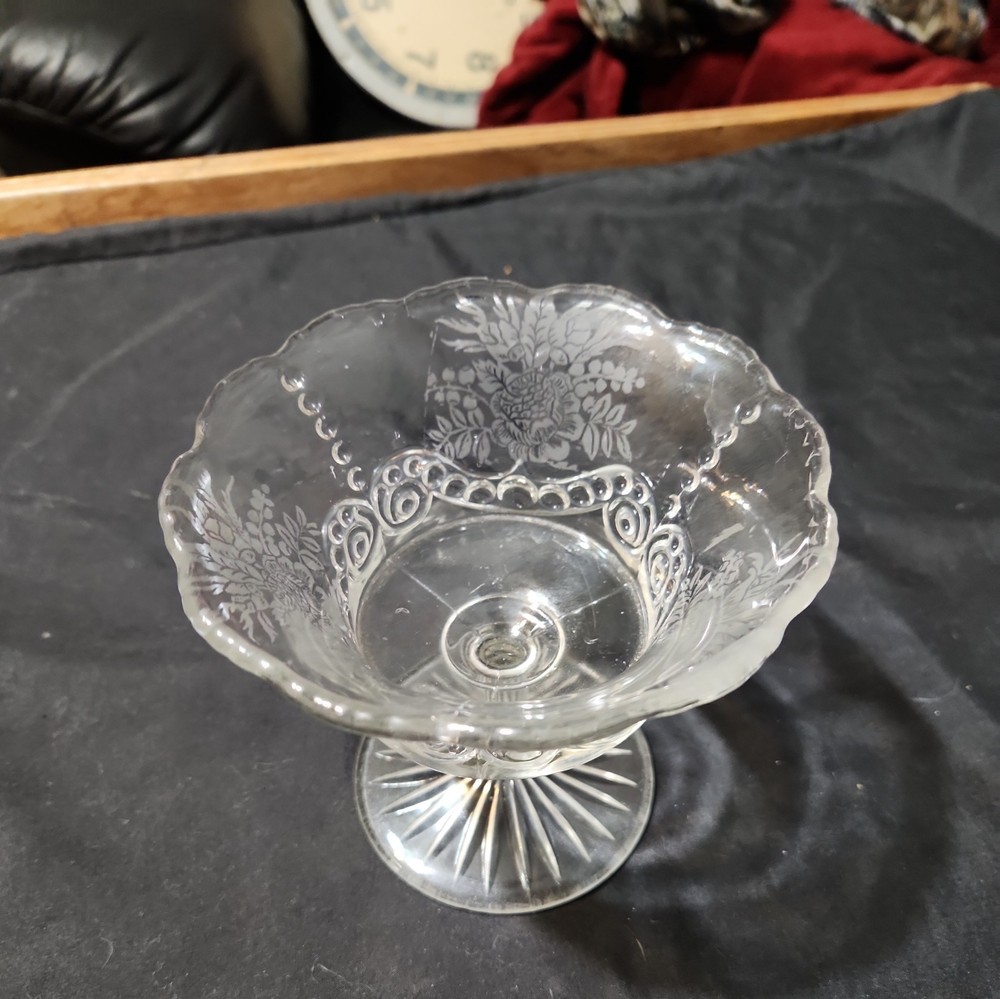 Antique 5-inch Etched Glass Compote Dish with Cabbage Rose Leaf and Bead Pattern