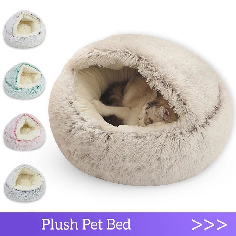 Round Plush Cat Bed Warm Soft Pet Nest Cave for Small Dogs Kittens