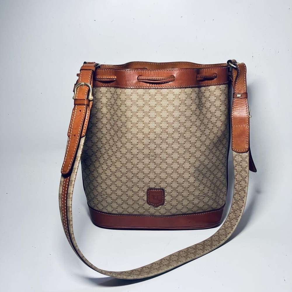 CELINE Macadam PVC White Leather Shoulder Bag Vintage 74cm Strap Authentic