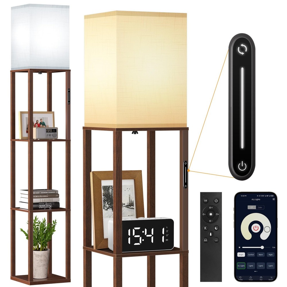 (Upgrade) Floor Lamp with Shelves, Touch Control & Remote, Dimmable &