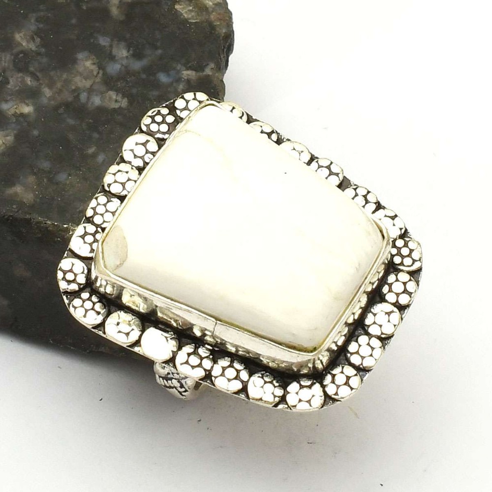 White Opal Gemstone Handmade Ring Jewelry Gift For Her US Size-8.5 AR 74201