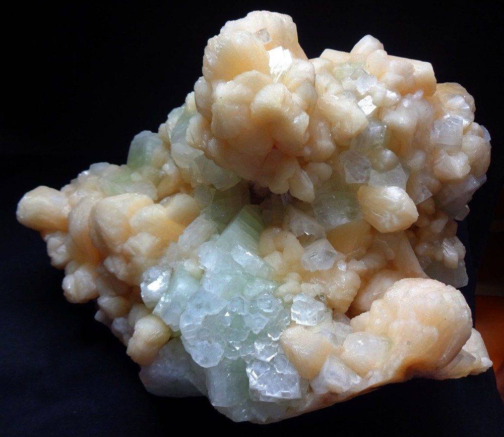 Stunning light green apophyllite cubes with stilbite bows mineral specimen