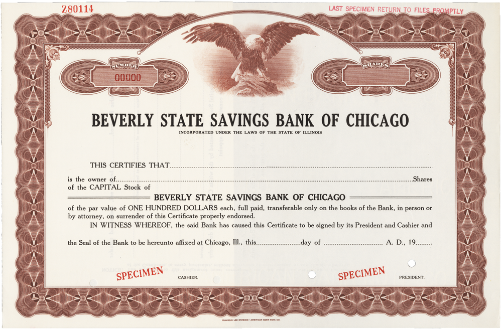 Beverly State Savings Bank of Chicago. Stock Certificate.