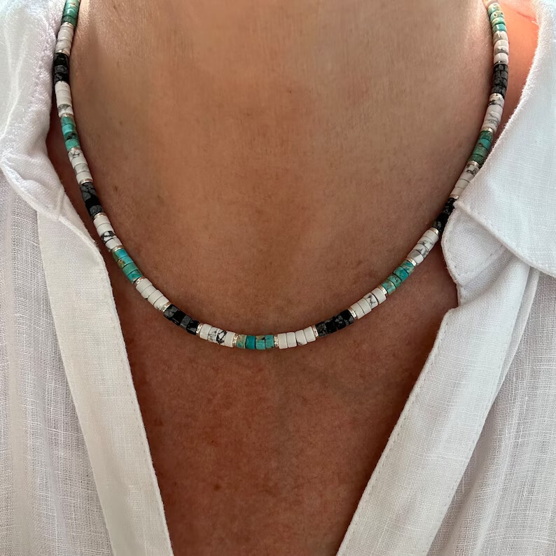 4mm White Buffalo, Blue Arizona Turquoise, & Black Obsidian Heishi Bead Necklace