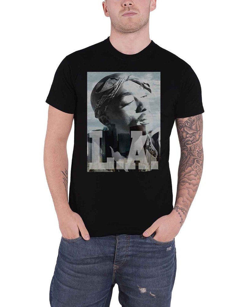 Official Black Tupac LA Skyline Portrait T-Shirt Mens 2Pac Logo Tee