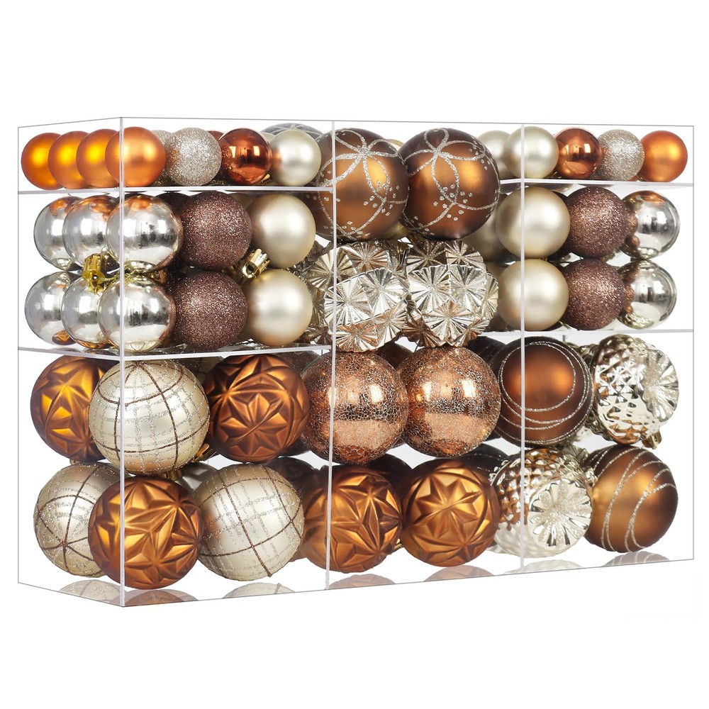 100ct Brown and Gold Christmas Ornaments Set, Shatterproof Xmas Tree Ornament...