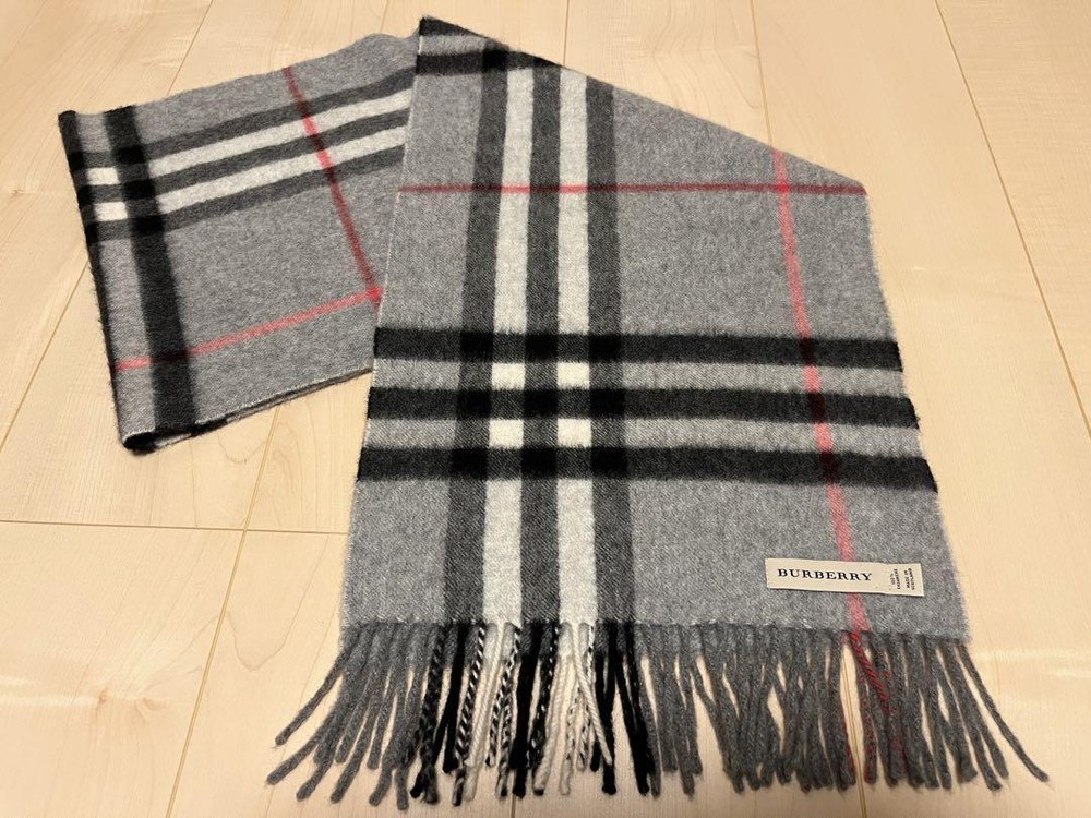 BURBERRY Men's Mega Check 100% Cashmere Scarf Gray From Japan Good Condition