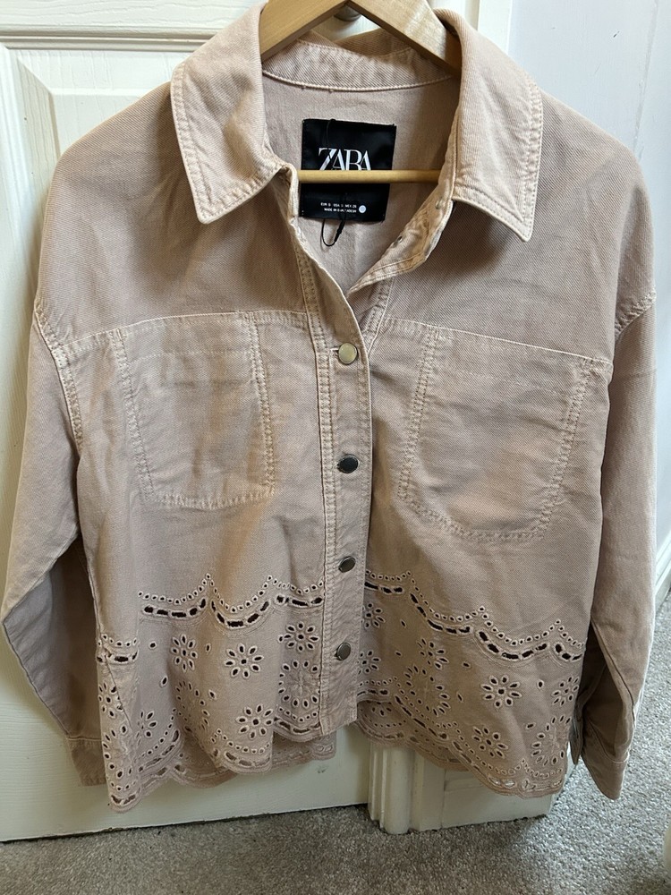 Zara Women's Pale Pink Cotton Embroidered Overshirt Jacket Size Small  NEW