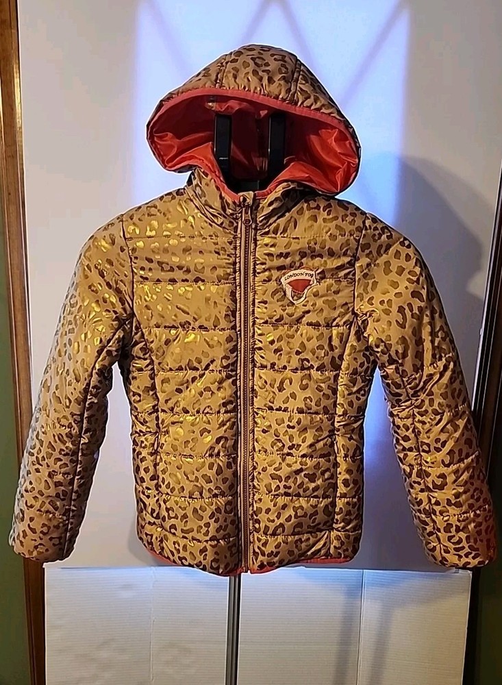 London Fog Hooded Puffer Coat for Girls Size 10-12 in Tan, Pink & Gold Leopard Spots
