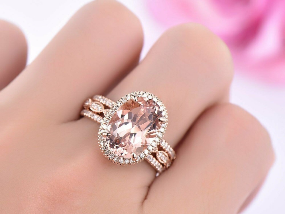 Stunning Trio Set Wedding Ring Oval Cut Simulated Morganite 14K Rose Gold Plated