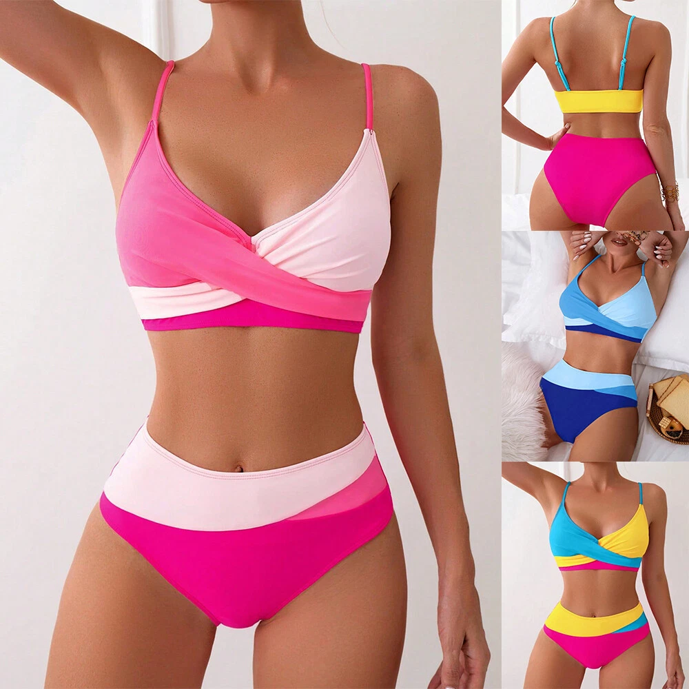 UK Stunning Pink block colour High-Waisted Bikini set Flattering - Size 6-16