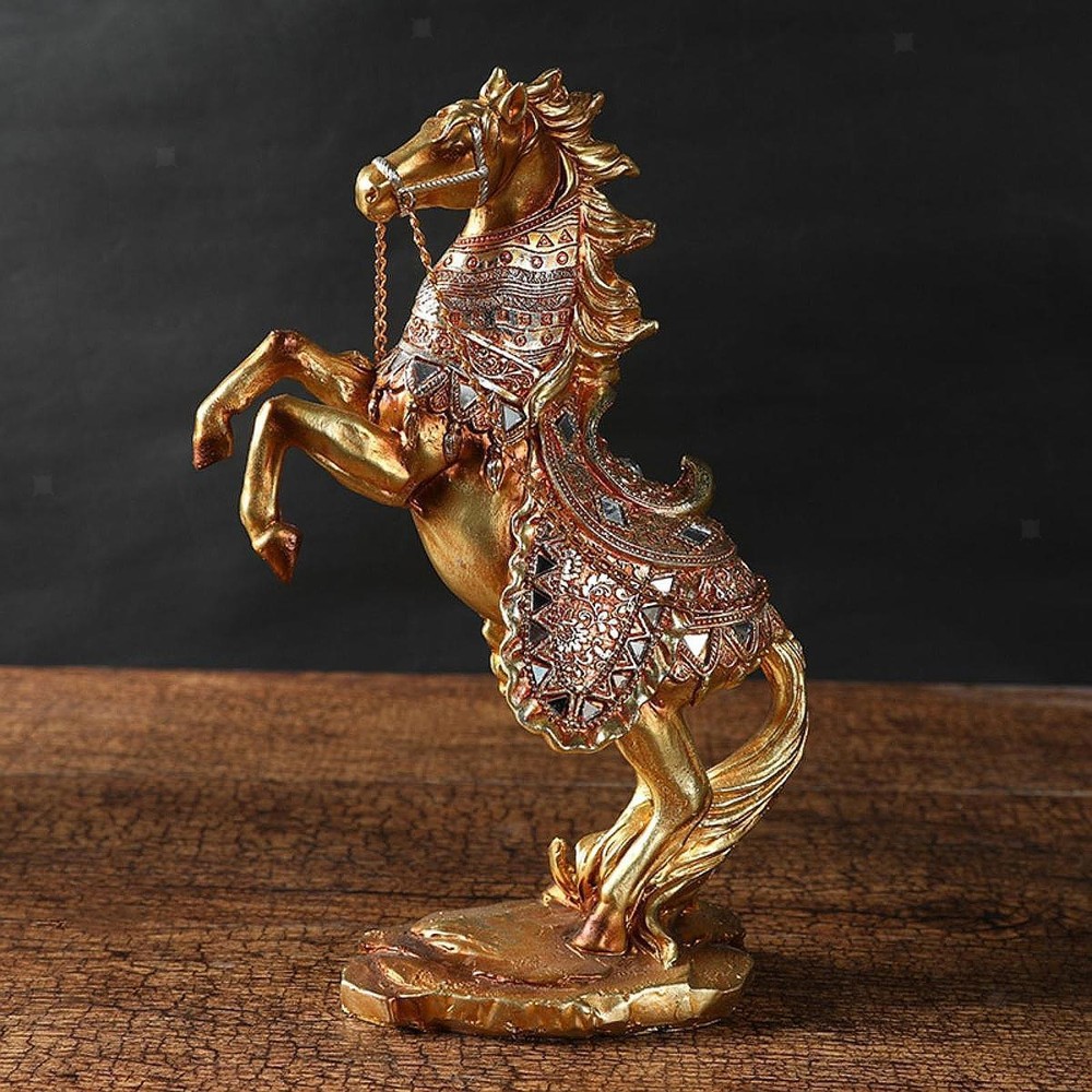 Golden Resin Horse Sculpture Tabletop Ornament 7.8x3.5x12.2 Inches