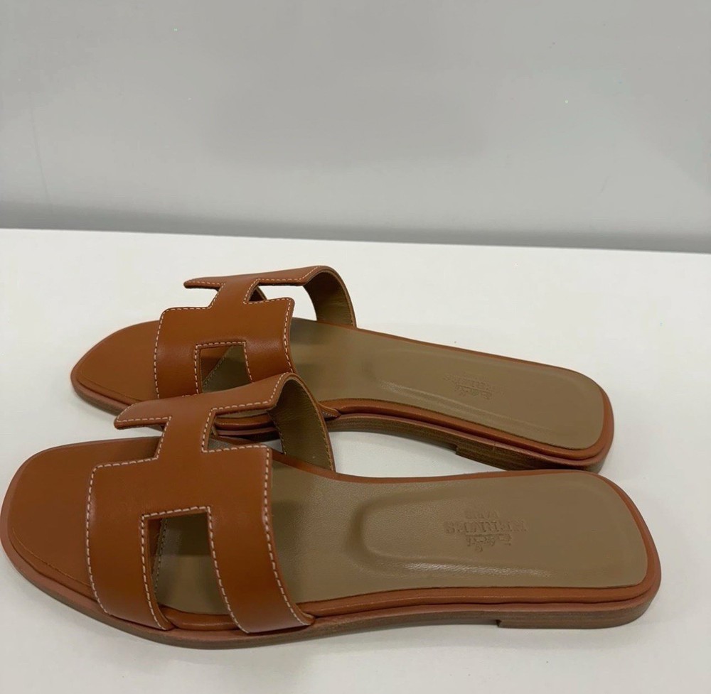 Vintage HERMES Oran Sandals Brown Peanut Butter Size 37 38 39 Leather