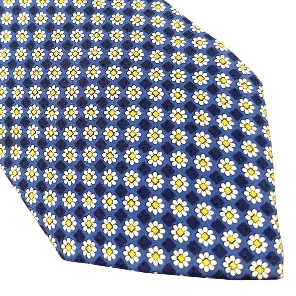 100% Silk Daisy Neck Tie Italian Vintage Vibes 90s Style Floral Blue Yellow Mens